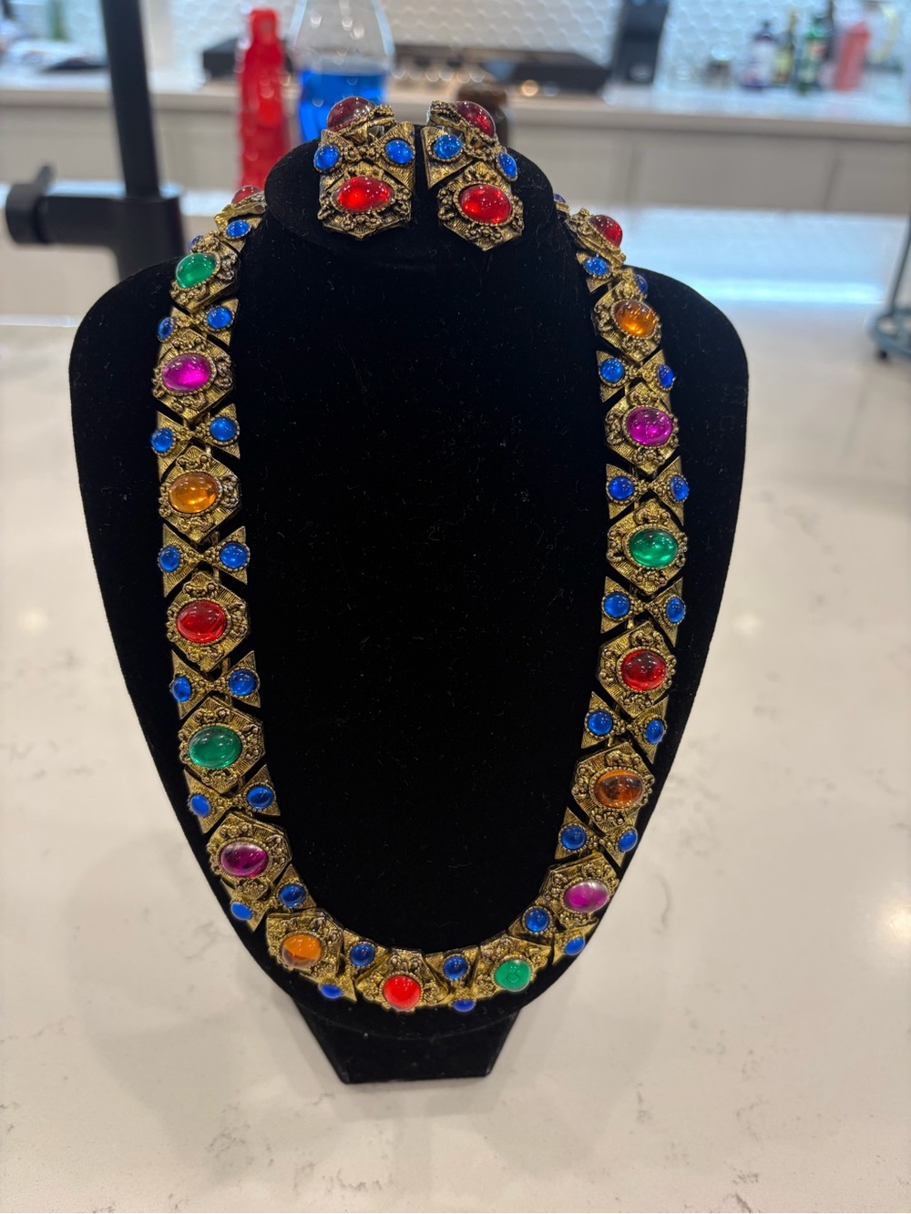 Vintage-Multicolor Stone Necklace and Earring Set - Gold Tone